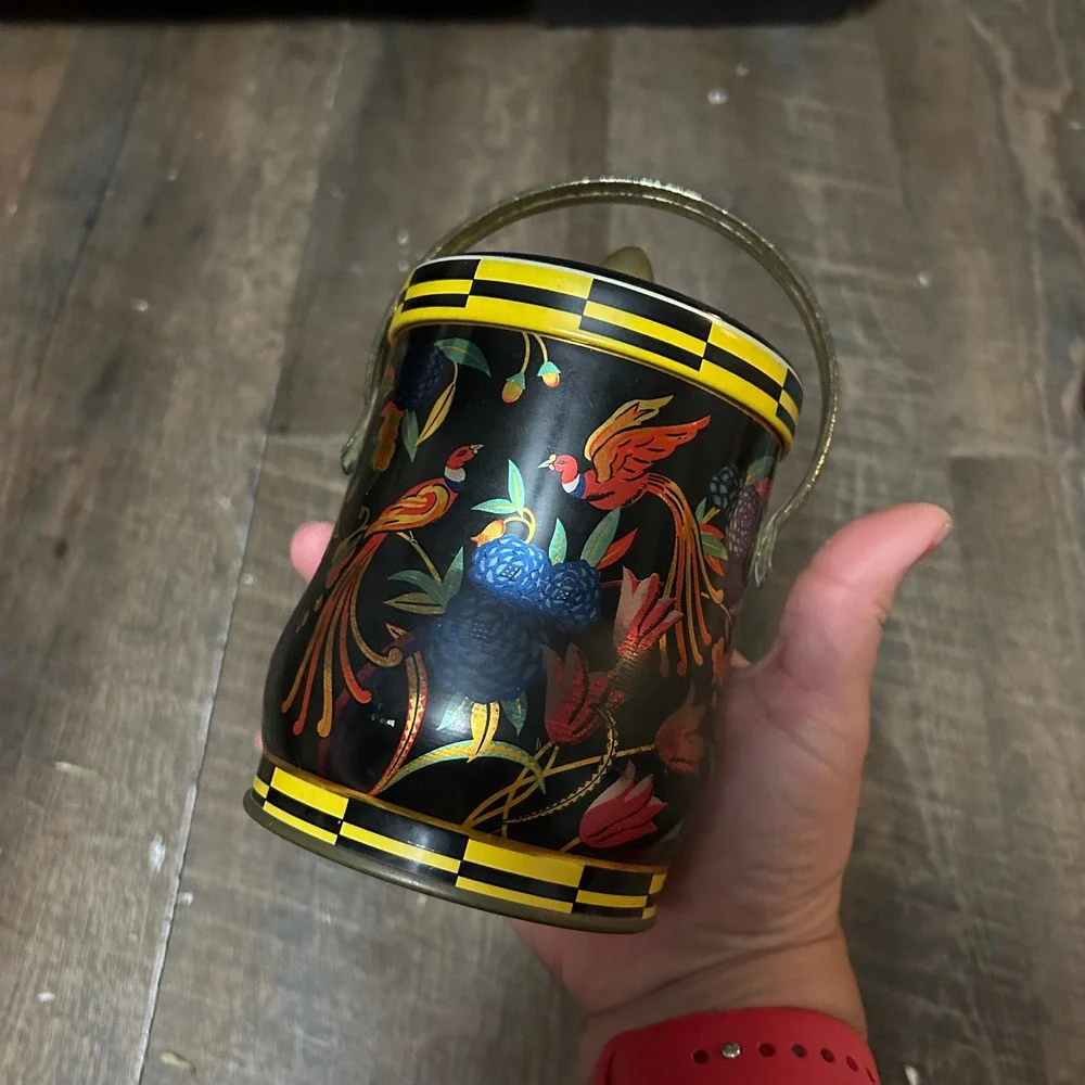 Vintage Murray-Allen Regal Crown‎ Pheasant Floral Metal Tin with Handle Black